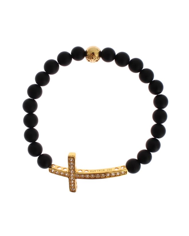 Authentic NIALAYA Bracelet with Matte Onyx Beads and CZ Diamond Cross – XS