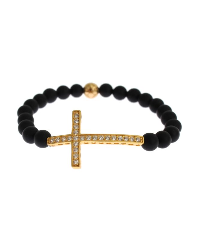 Authentic NIALAYA Bracelet with Matte Onyx Beads and CZ Diamond Cross – XS