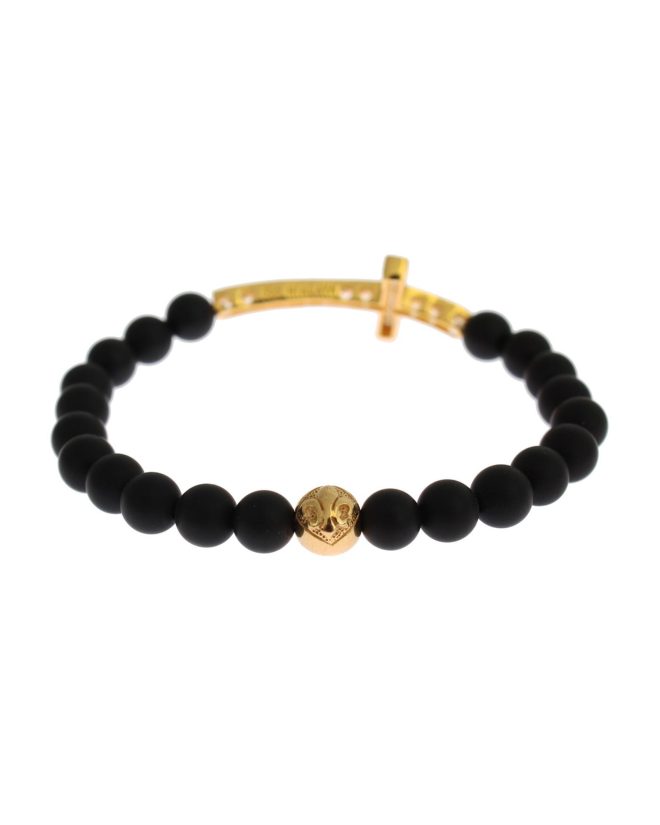 Authentic NIALAYA Bracelet with Matte Onyx Beads and CZ Diamond Cross – XS