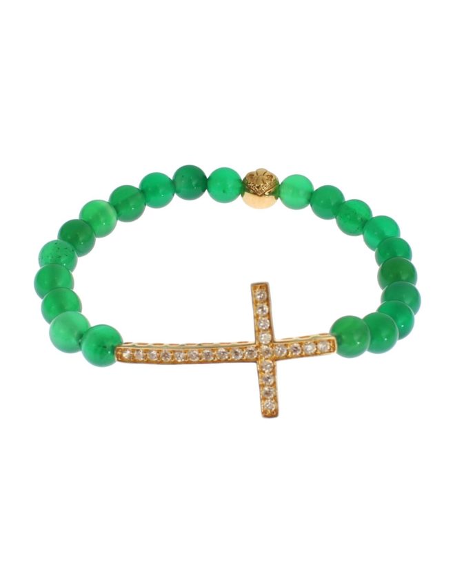 NIALAYA Green Jade Bead Bracelet with CZ Diamond Cross Women – XS