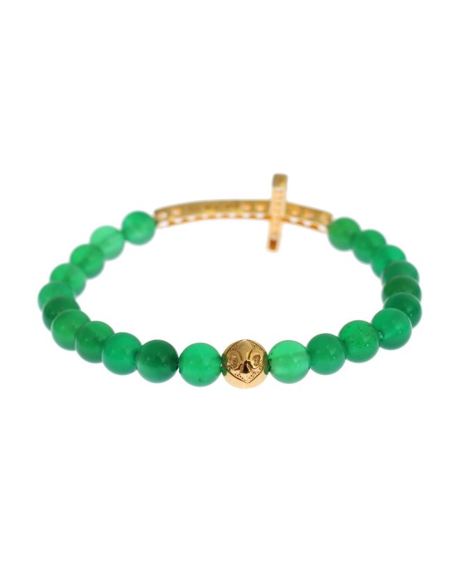 NIALAYA Green Jade Bead Bracelet with CZ Diamond Cross Women – XS