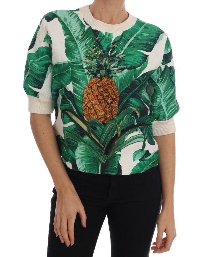 DOLCE & GABBANA Enchanted Sicily Short Sleeve Sweater with Sequined Pineapple Embroidery – 40 IT