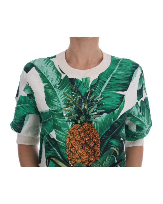 DOLCE & GABBANA Enchanted Sicily Short Sleeve Sweater with Sequined Pineapple Embroidery – 40 IT