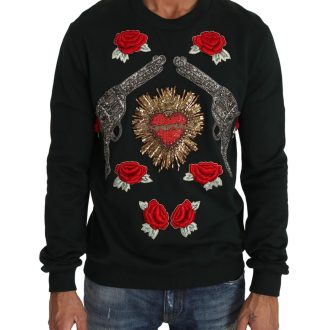 Dolce & Gabbana Green Cotton Crystal Heart Roses Embroidered Pullover Sweater