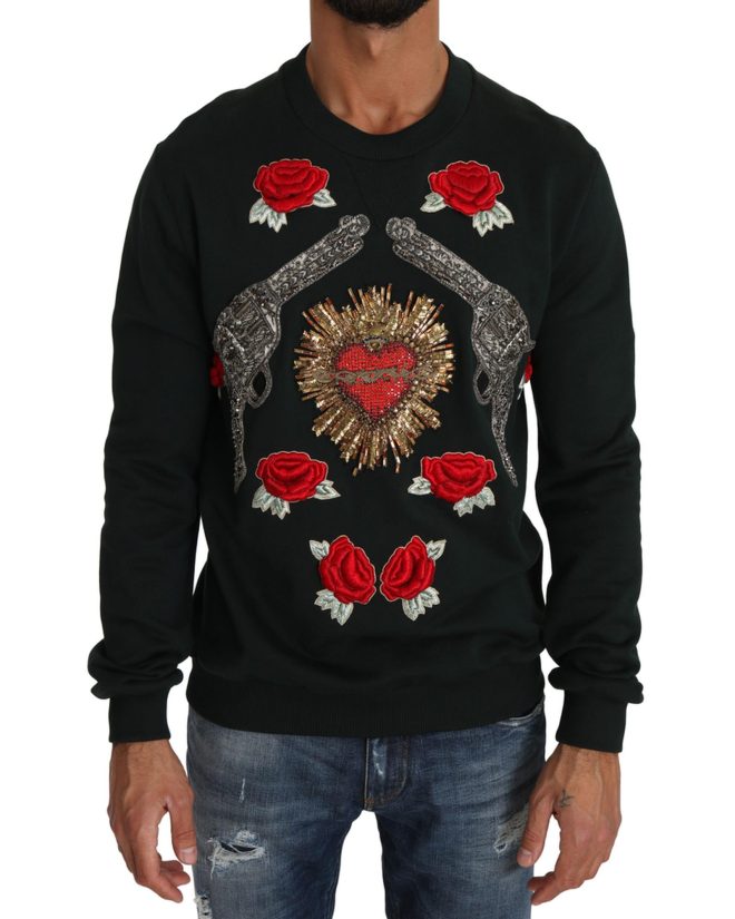 Dolce & Gabbana Green Cotton Crystal Heart Roses Embroidered Pullover Sweater – 48 IT