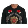 Dolce & Gabbana Green Cotton Crystal Heart Roses Embroidered Pullover Sweater – 48 IT