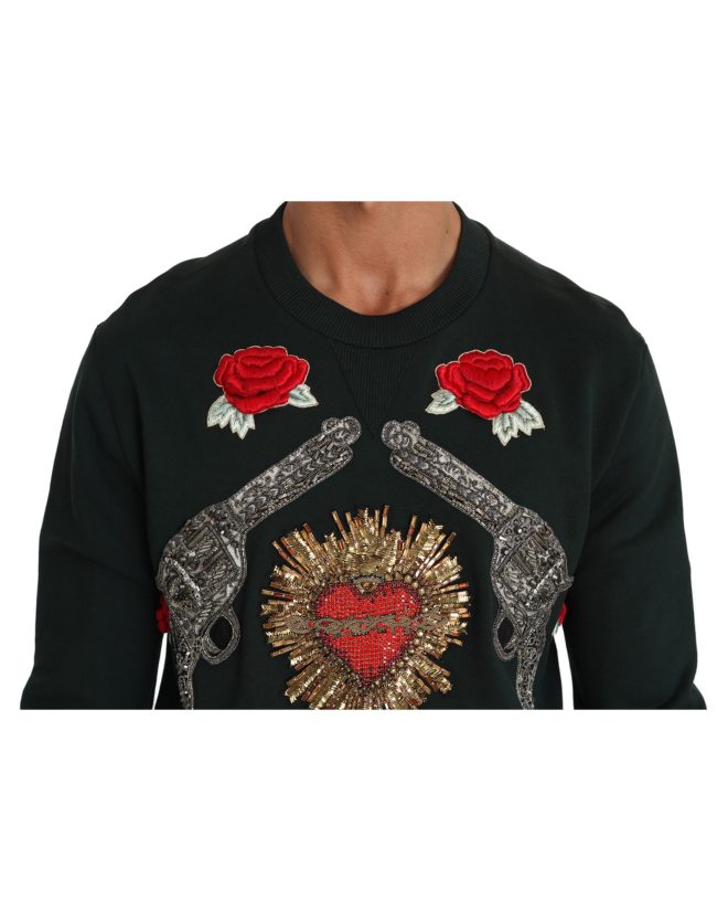 Dolce & Gabbana Green Cotton Crystal Heart Roses Embroidered Pullover Sweater – 48 IT