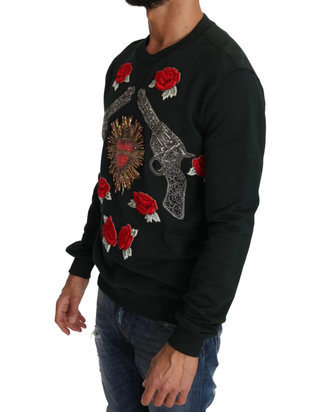 Dolce & Gabbana Green Cotton Crystal Heart Roses Embroidered Pullover Sweater – 48 IT