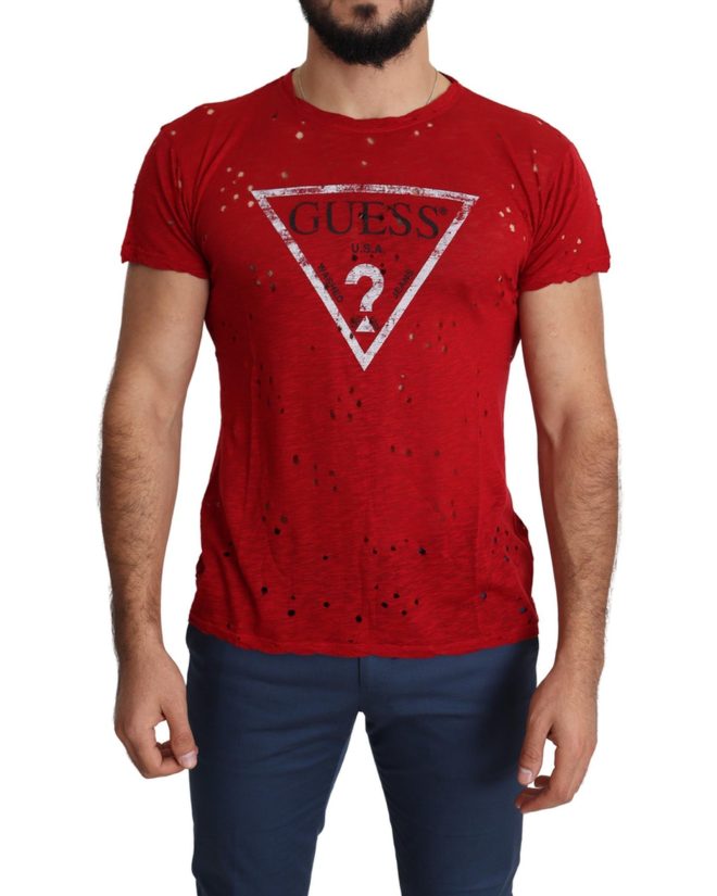 100% Authentic Red Cotton Stretch T-Shirt with Round Neck and Short Sleeves – L