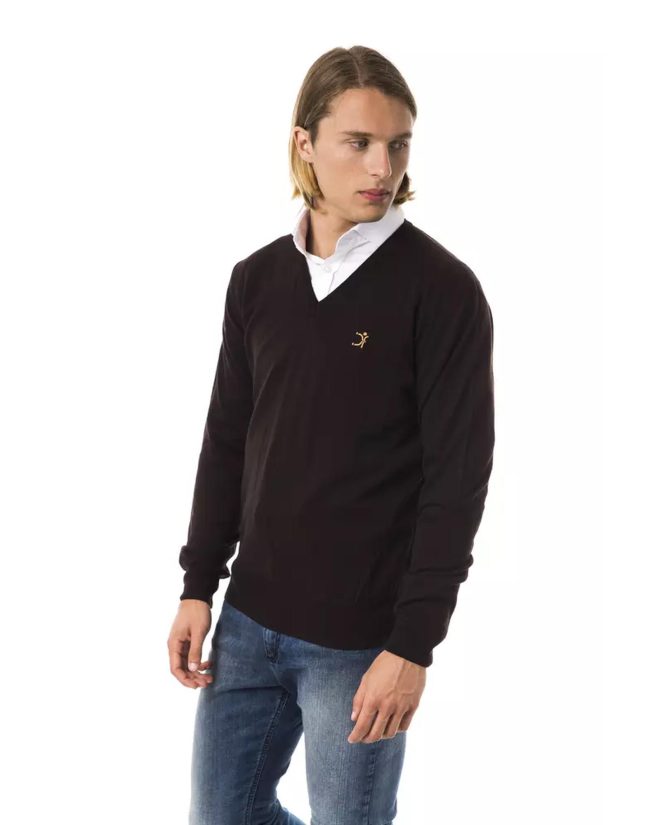 Embroidered V-neck Sweater in Extrafine Wool Merinos – L