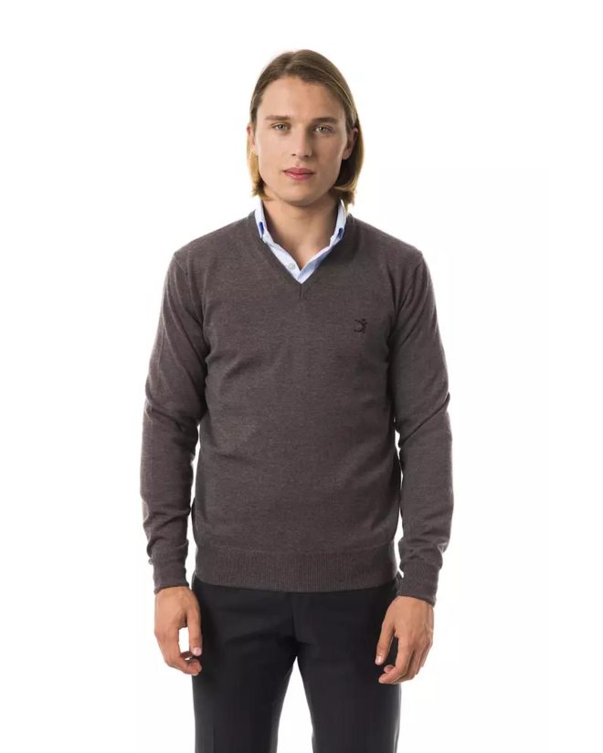 Embroidered V-neck Sweater in Extrafine Merino Wool – L