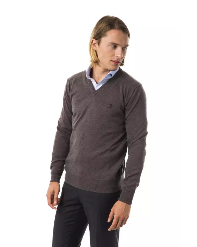 Embroidered V-neck Sweater in Extrafine Merino Wool – L