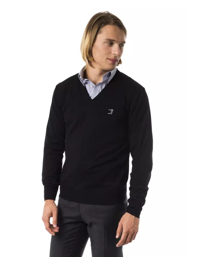 Embroidered V-neck Sweater in Extrafine Wool Merinos – L