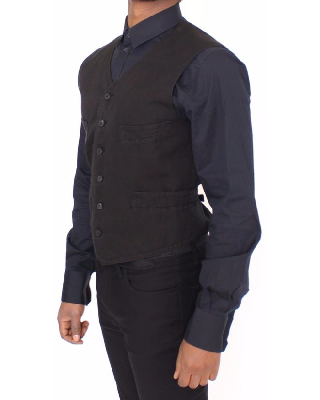 Black Cotton and Flax Blend Dress Vest Men – 44 IT