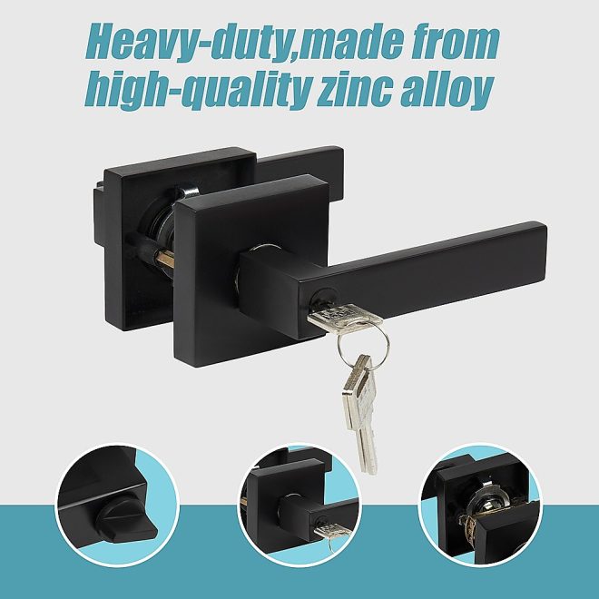 Door Handle Set Lever Square – Black, Key Lock Function