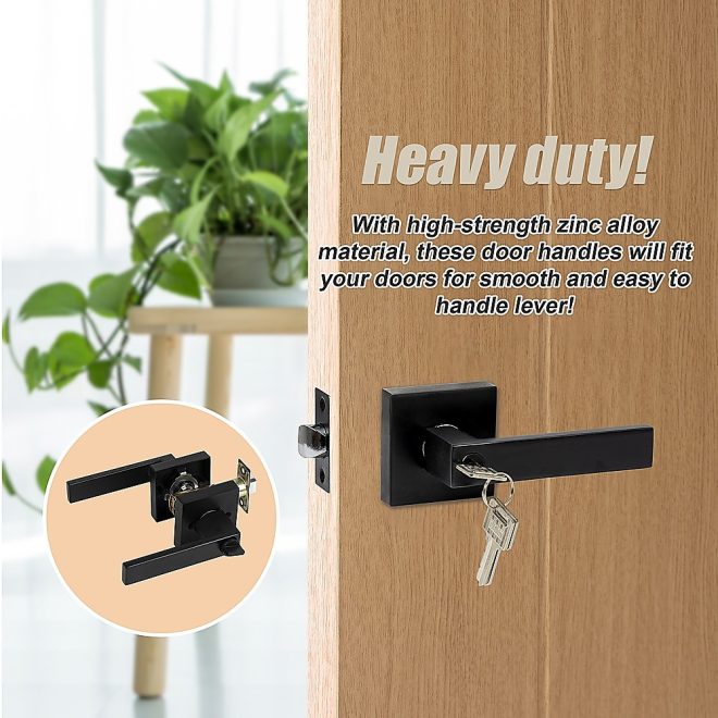 Door Handle Set Lever Square – Black, Key Lock Function