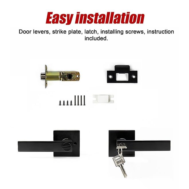 Door Handle Set Lever Square – Black, Key Lock Function