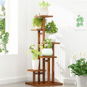 5 Tiers Vertical Bamboo Plant Stand Staged Flower Shelf Rack Outdoor Garden, – Dark Wood