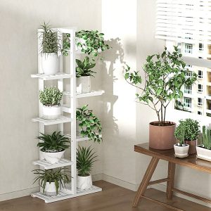 6 Tiers Vertical Bamboo Plant Stand Staged Flower Shelf Rack Outdoor Garden, – White