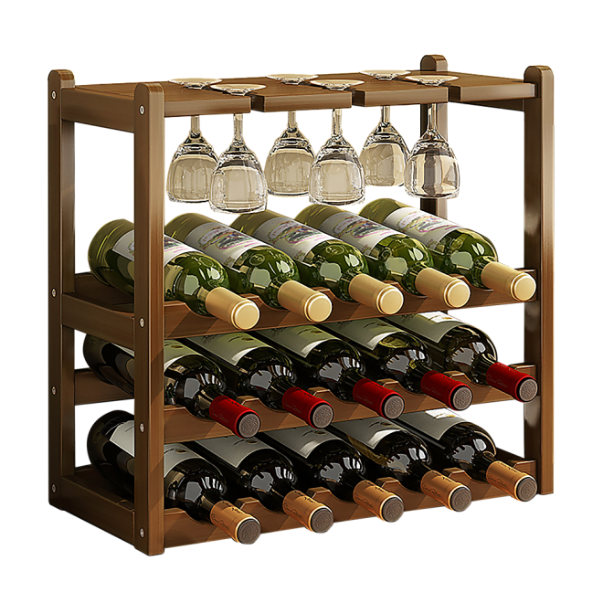 Wine Rack Free Standing 15 Bottles with 6 Glasses Holder Bamboo Wine Storage