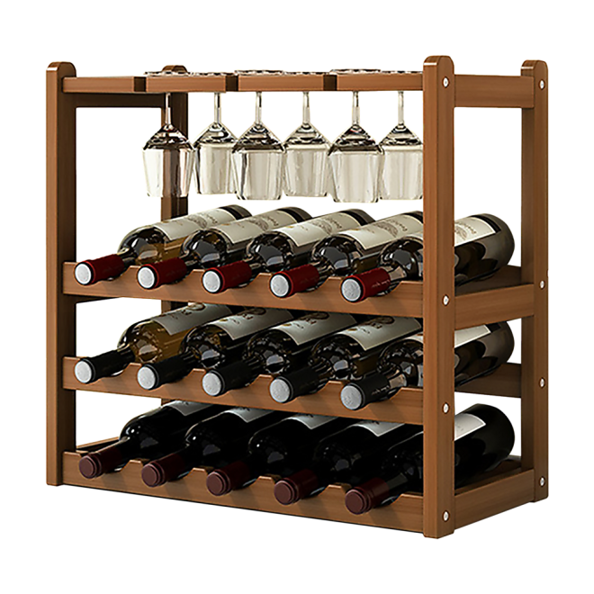 Wine Rack Free Standing 15 Bottles with 6 Glasses Holder Bamboo Wine Storage