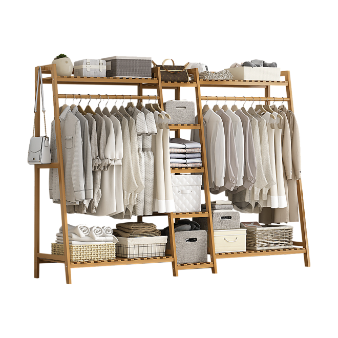 Portable Clothes Rack Coat Garment Stand Bamboo Rail Hanger Airer Closet. – Wooden