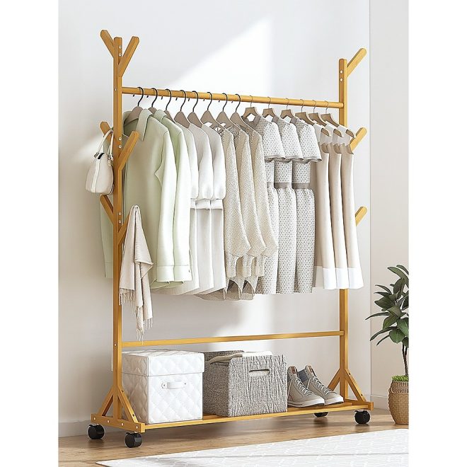 Portable Clothes Rack Coat Garment Stand Bamboo Rail Hanger Airer Closet, – Wooden