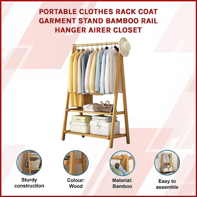 Portable Clothes Rack Coat Garment Stand Bamboo Rail Hanger Airer Closet.. – Wooden