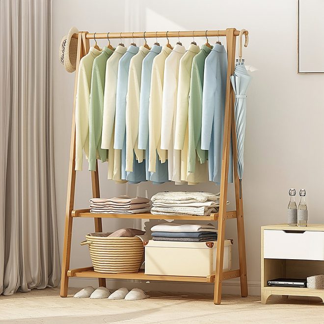 Portable Clothes Rack Coat Garment Stand Bamboo Rail Hanger Airer Closet.. – Wooden