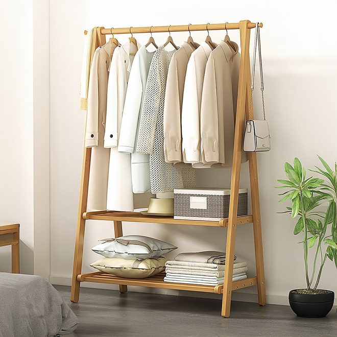 Portable Clothes Rack Coat Garment Stand Bamboo Rail Hanger Airer Closet.. – Wooden