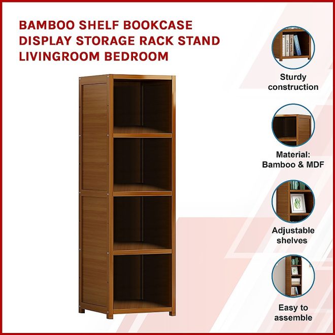 Bamboo Shelf Bookcase Display Storage Rack Stand Livingroom Bedroom. – 4 Shelves