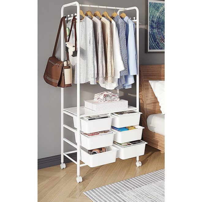 Metal Open Wardrobe Modern Storage Cabinet Tall Clothes Drawers Hanger Coat Rack