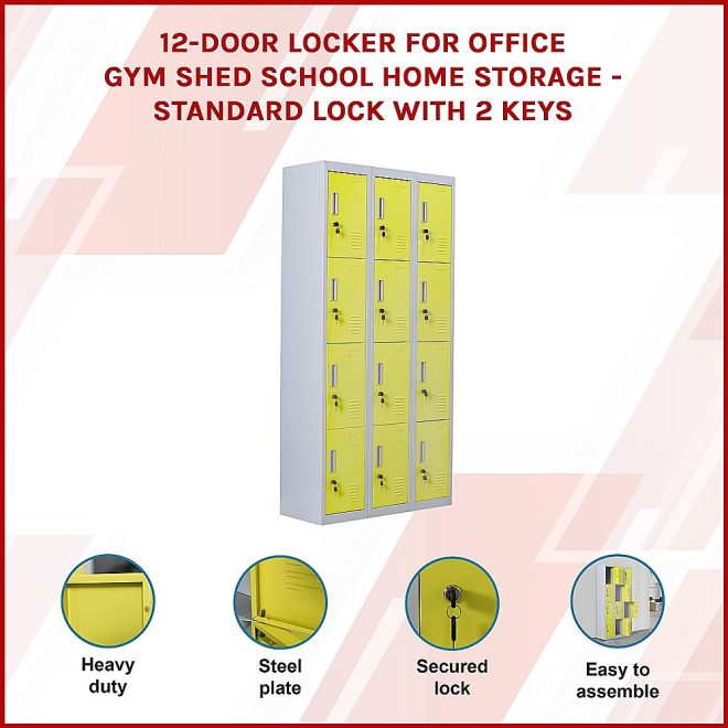 12-Door Locker for Office Gym Shed School Home Storage – Yellow, Standard Lock