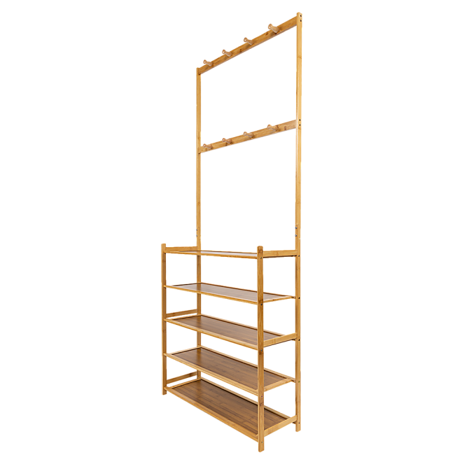 Large Wooden 5 Tiers Hat Coat Stand Clothes Shoe Rack Hanger Hooks Shelf Storage