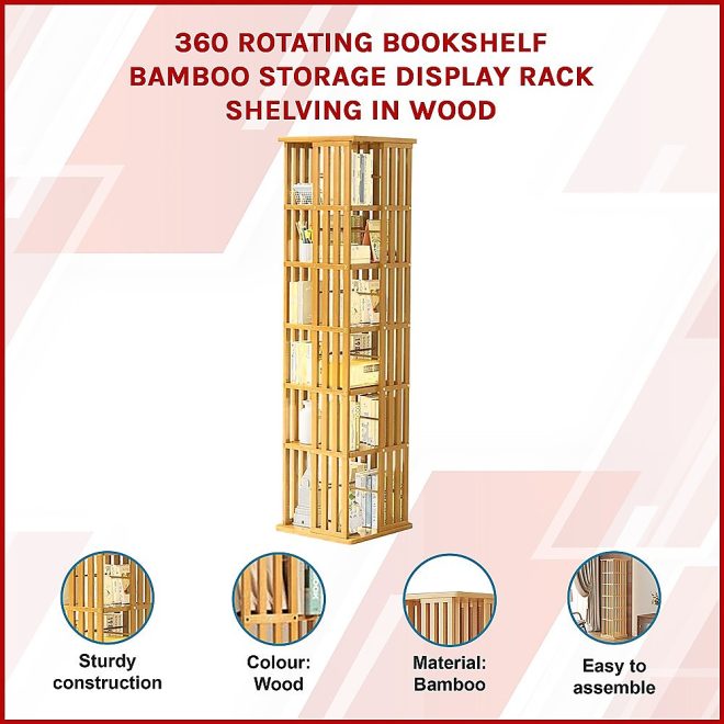 360 Rotating Bookshelf Bamboo Storage Display Rack Shelving in Wood