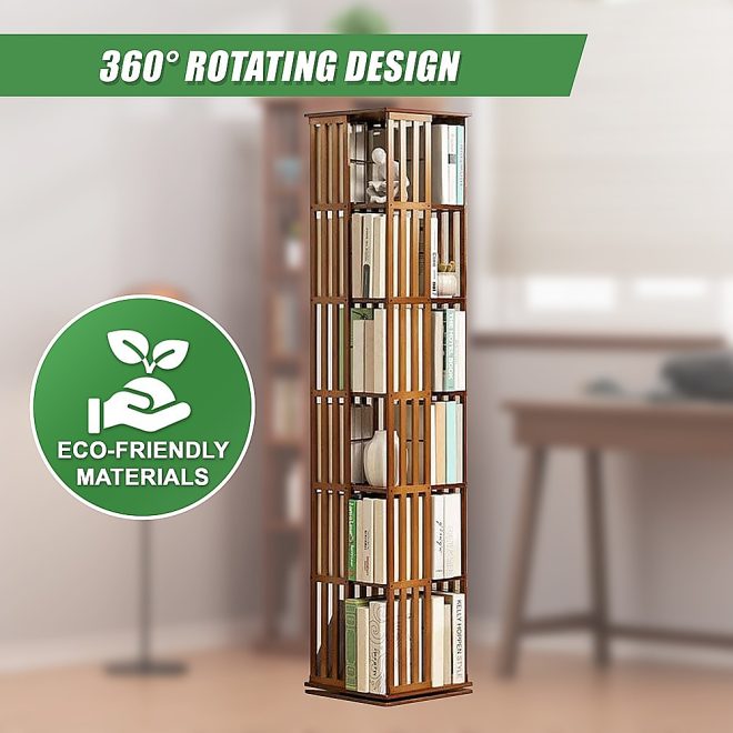 360 Rotating Bookshelf Bamboo Storage Display Rack Shelving in Dark Wood