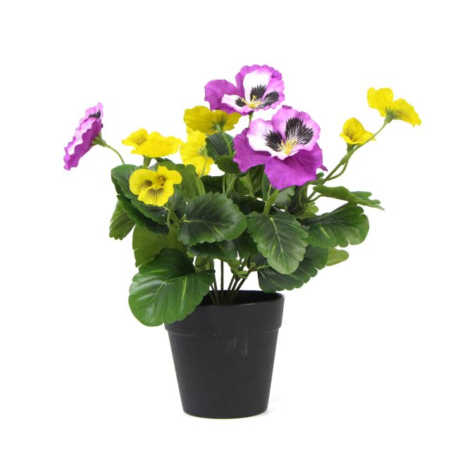 Mixed Flowering Potted Artificial Pansy Plants 25cm – Green and Purple and Yellow