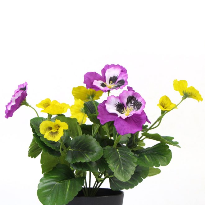 Mixed Flowering Potted Artificial Pansy Plants 25cm – Green and Purple and Yellow