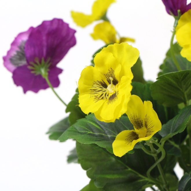 Mixed Flowering Potted Artificial Pansy Plants 25cm – Green and Purple and Yellow