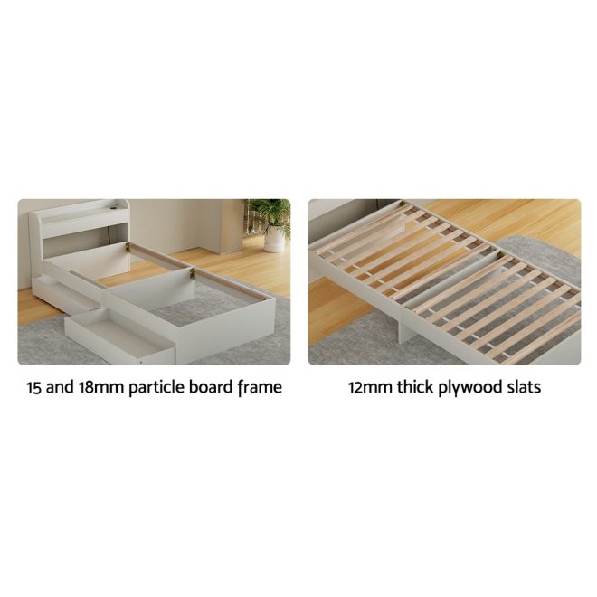 Bed Frame Single Size Mattress Base wtih Charging Ports 2 Storage Drawers