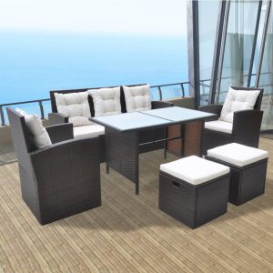 6 Piece Outdoor Dining Set with Cushions Poly Rattan – Brown