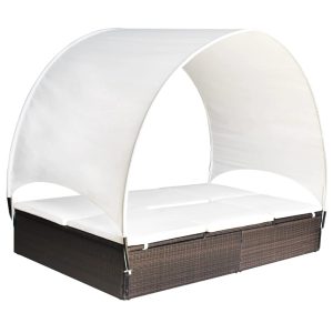 Double Sun Lounger with Canopy Poly Rattan