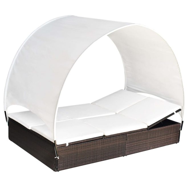 Double Sun Lounger with Canopy Poly Rattan – Brown