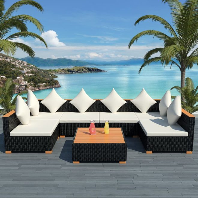 Garden Lounge Set with Cushions Poly Rattan Black – 2X Corner + 4X Middle + Table