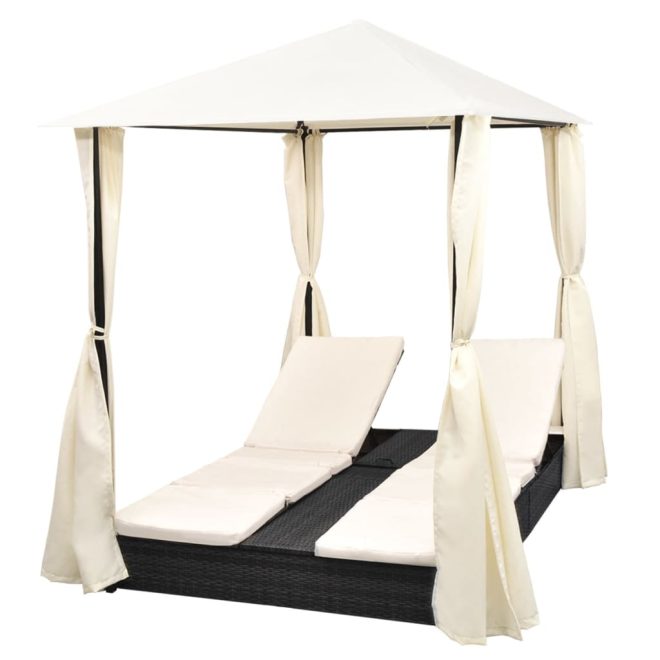 Double Sun Lounger with Curtains Poly Rattan – Black