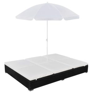 Outdoor Lounge Bed with Umbrella Poly Rattan