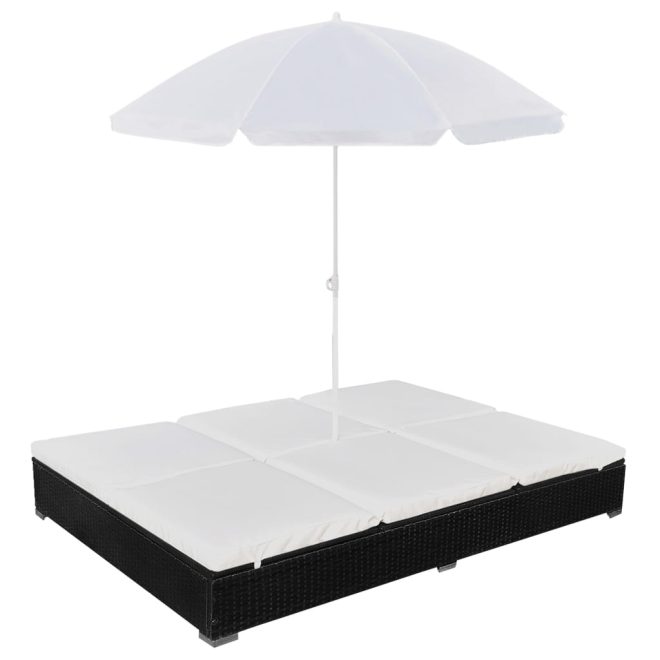 Outdoor Lounge Bed with Umbrella Poly Rattan – Black