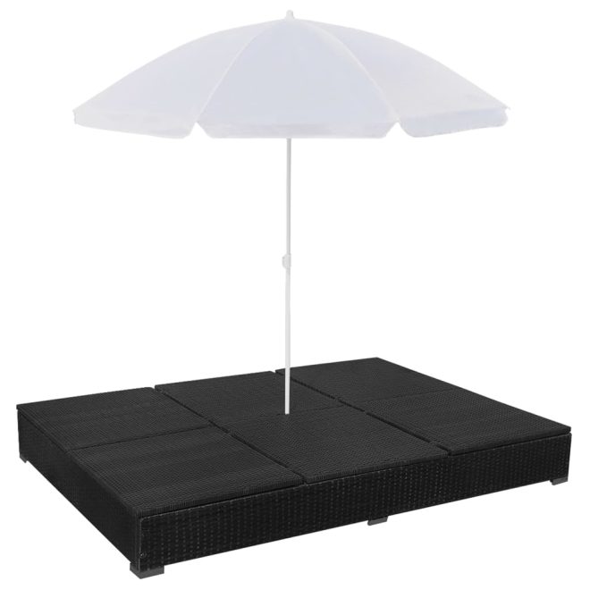 Outdoor Lounge Bed with Umbrella Poly Rattan – Black