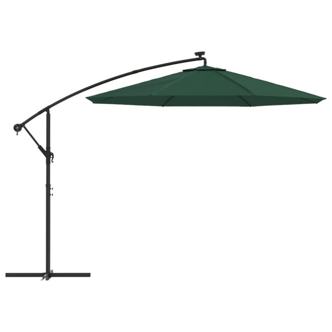 Hanging Parasol with LED Lighting Metal Pole – 300 cm, Green