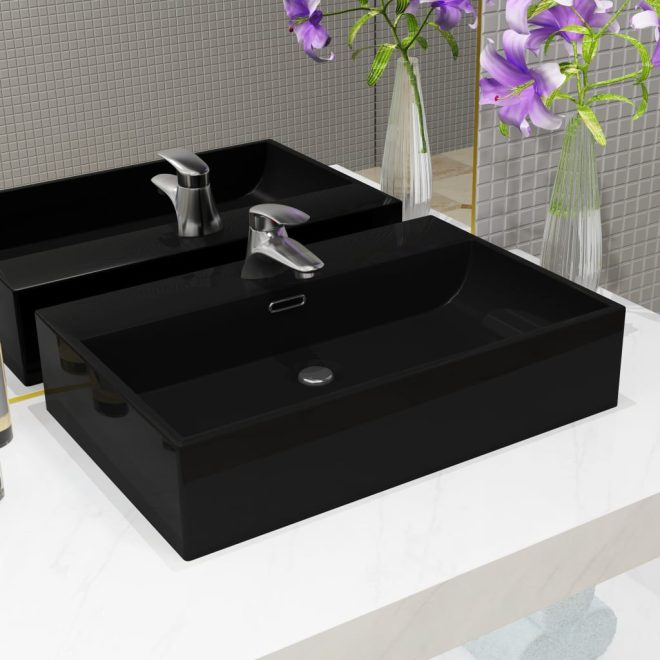 Basin with Faucet Hole Ceramic Black 76×42.5×14.5 cm